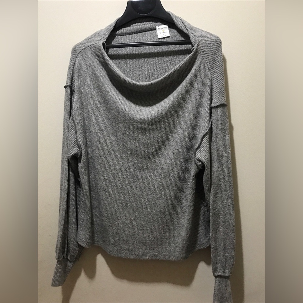 By Together Womens S Top Gray Waffle Knit Cowl Neck Batwing Long Slv Oversized